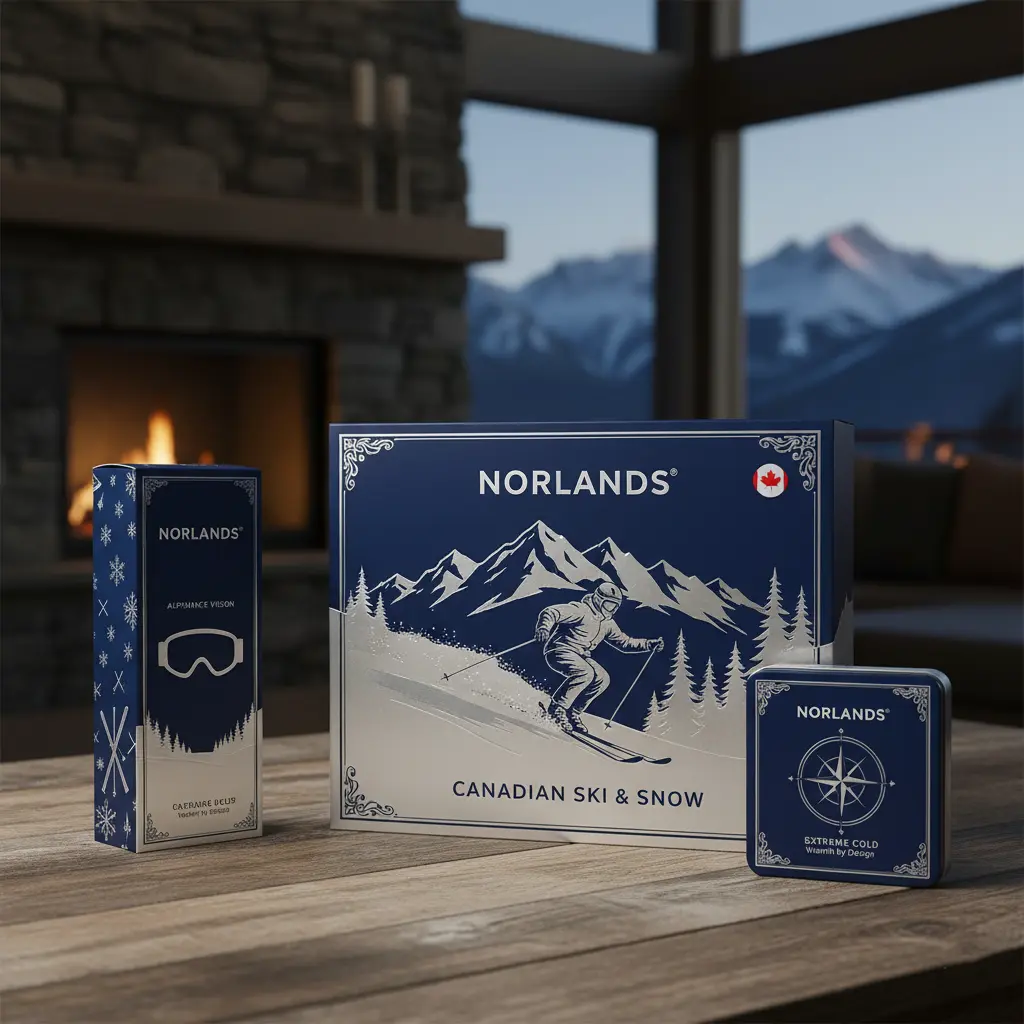 "Norlands Canadian ski and snow packaging set featuring winter-themed illustrations in navy blue and silver, showcasing premium Packaging Design in Canada inside a cozy cabin with mountain views."