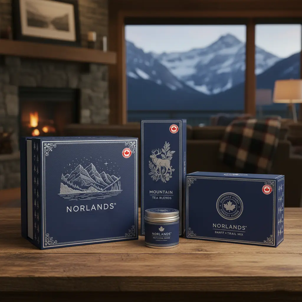 "Elegant Norlands product packaging featuring mountain-themed tea blends and trail mix boxes, showcasing premium Packaging Design in Canada against a cozy cabin interior with snowy mountain views."