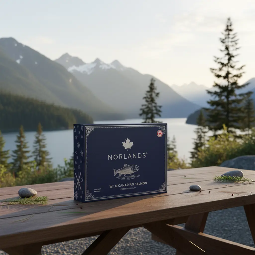 "Norlands wild Canadian salmon box displayed on a wooden picnic table by a mountain lake at sunset, showcasing premium Packaging Design in Canada with scenic natural surroundings."