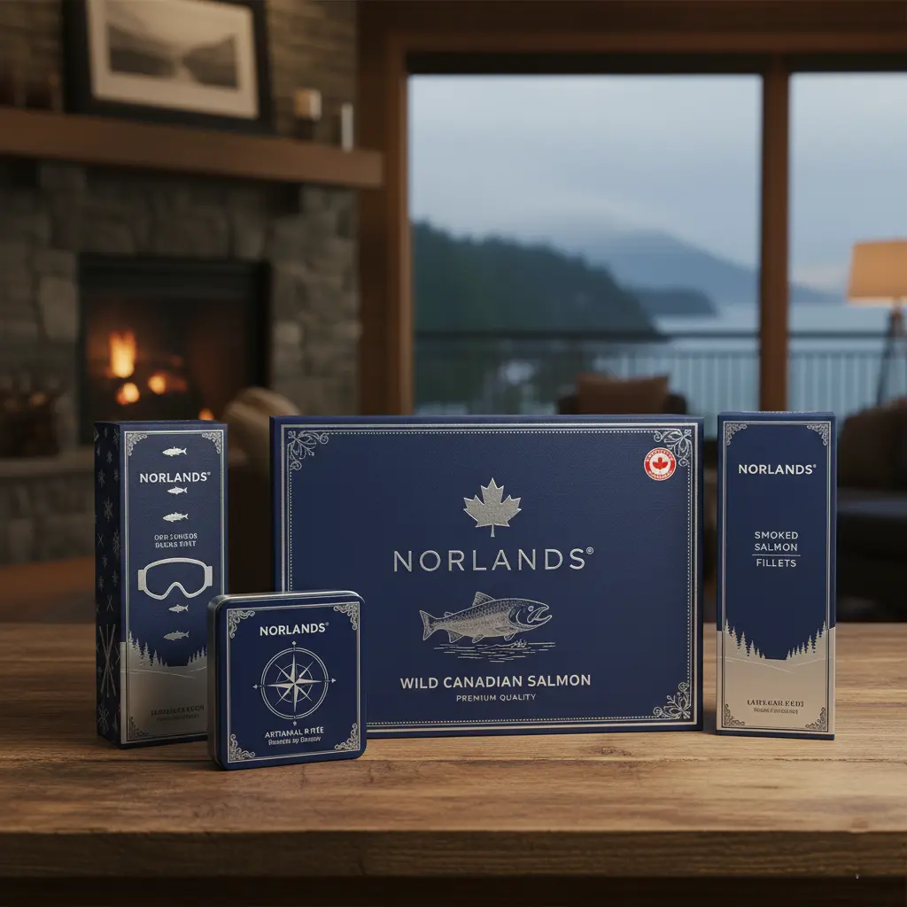 "Premium seafood packaging set featuring Norlands wild Canadian salmon boxes in navy blue with elegant graphics, showcasing high-end Packaging Design in Canada on a wooden table with a cozy lakeside cabin background."
