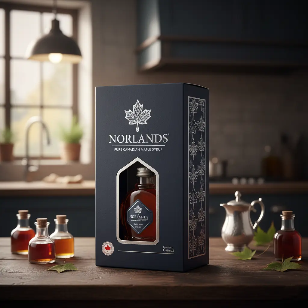 "Premium maple syrup box showcasing elegant Packaging Design in Canada with a dark navy gift box, maple leaf motifs, and a glass bottle displayed on a wooden kitchen table."