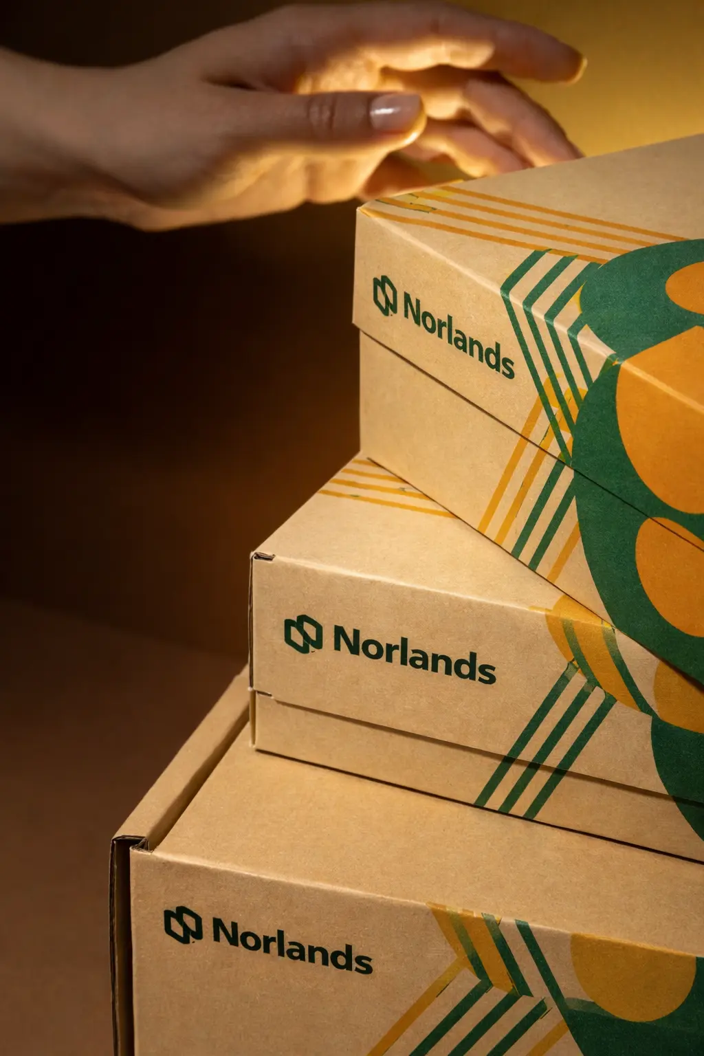 Stacked kraft corrugated boxes with Norlands branding demonstrating corrugated performance standards box for structural durability and load stability