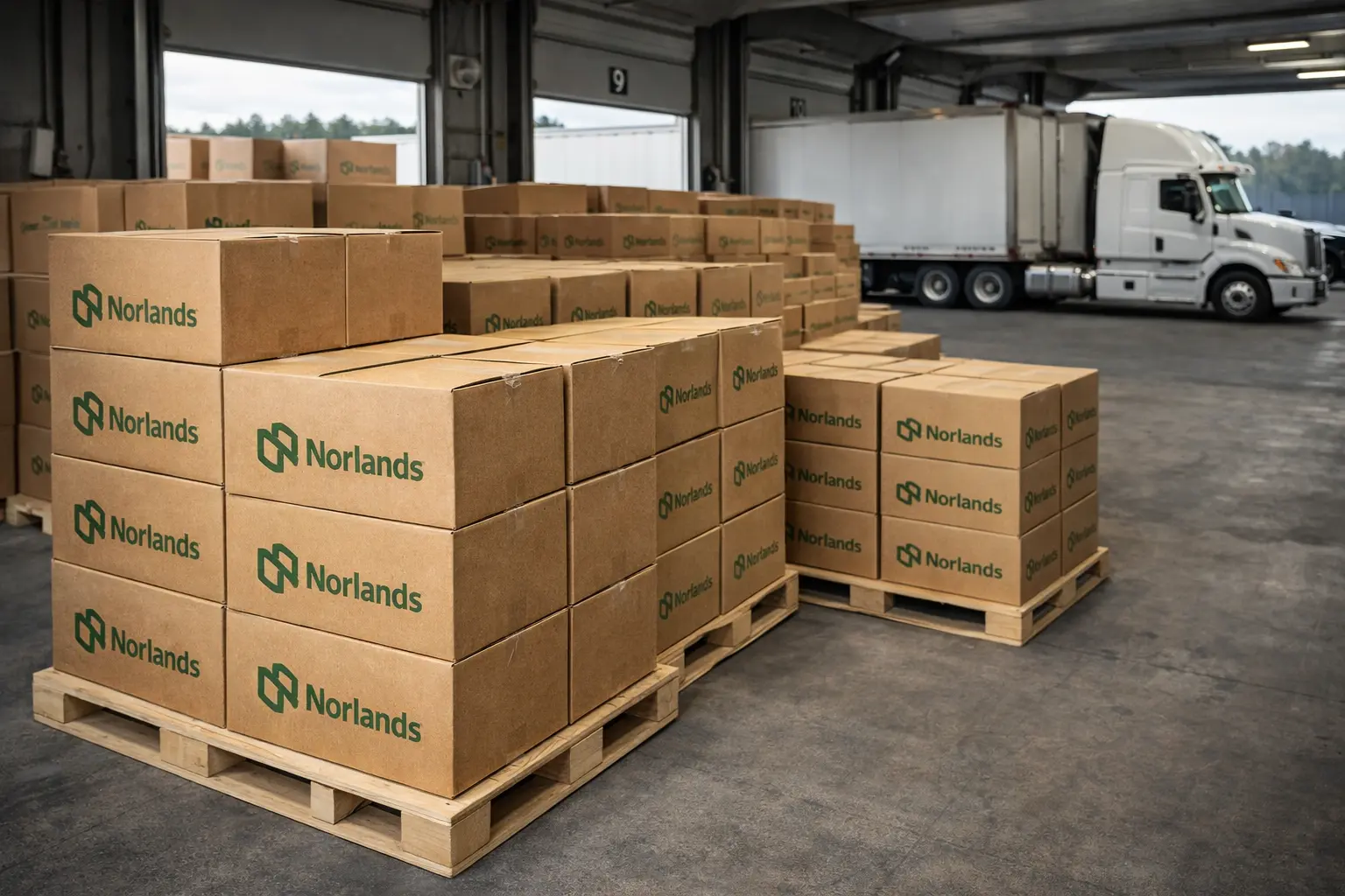 Large palletized shipments of corrugated boxes demonstrating packaging scalability for growing brands in warehouse distribution and logistics operations