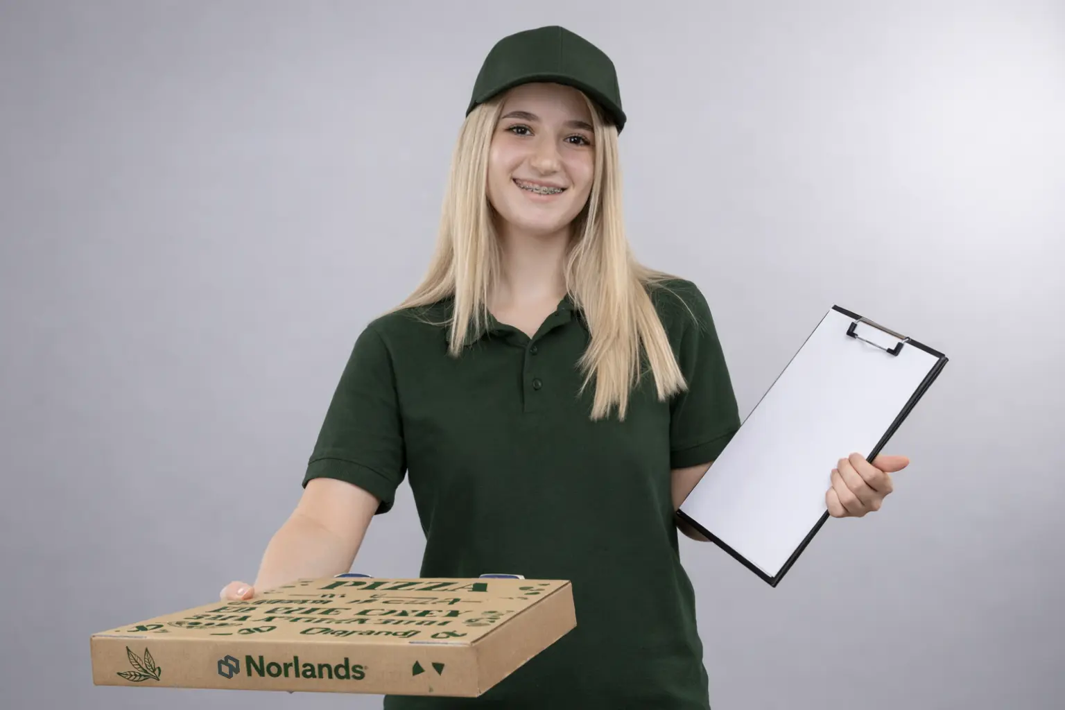 Delivery employee holding a pizza box and clipboard highlighting operational planning to reduce packaging delays Western Canada in logistics workflows