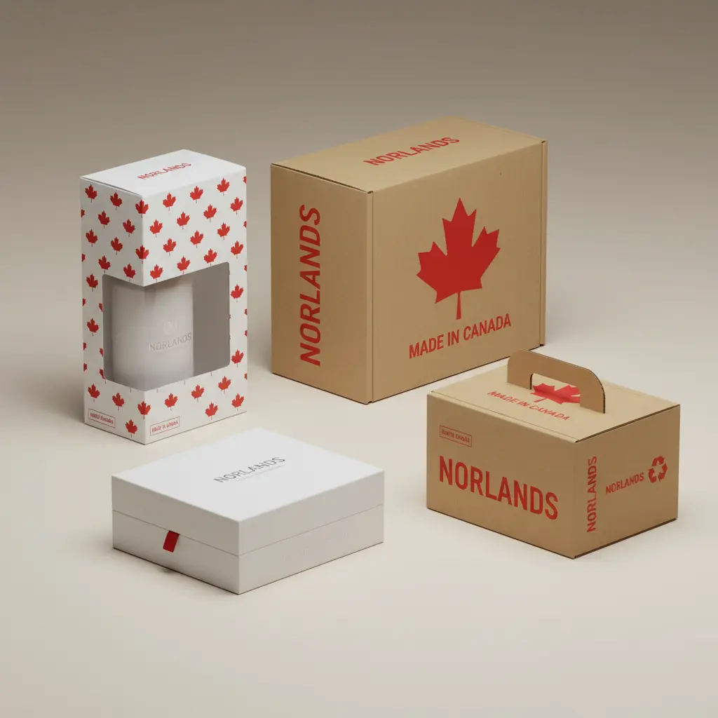 Canadian themed retail packaging boxes Vancouver featuring maple leaf branding and custom printed box designs for local product packaging