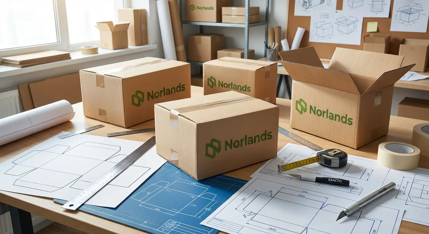 Packaging design workspace with dielines and corrugated boxes representing regional packaging manufacturing Canada product development and custom box engineering