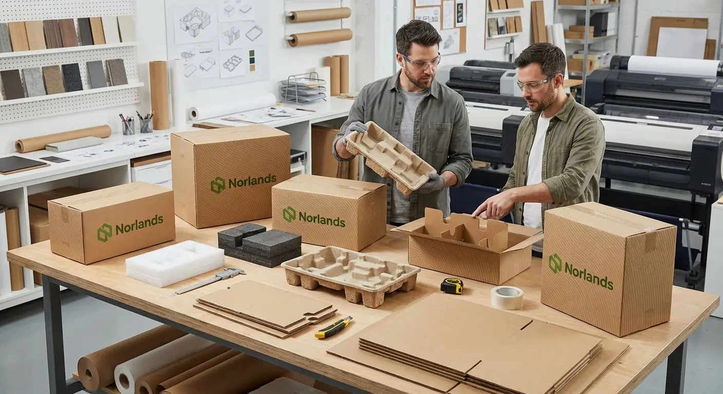 Packaging engineers testing inserts and materials to improve packaging design logistics efficiency BC for product protection and optimized shipping