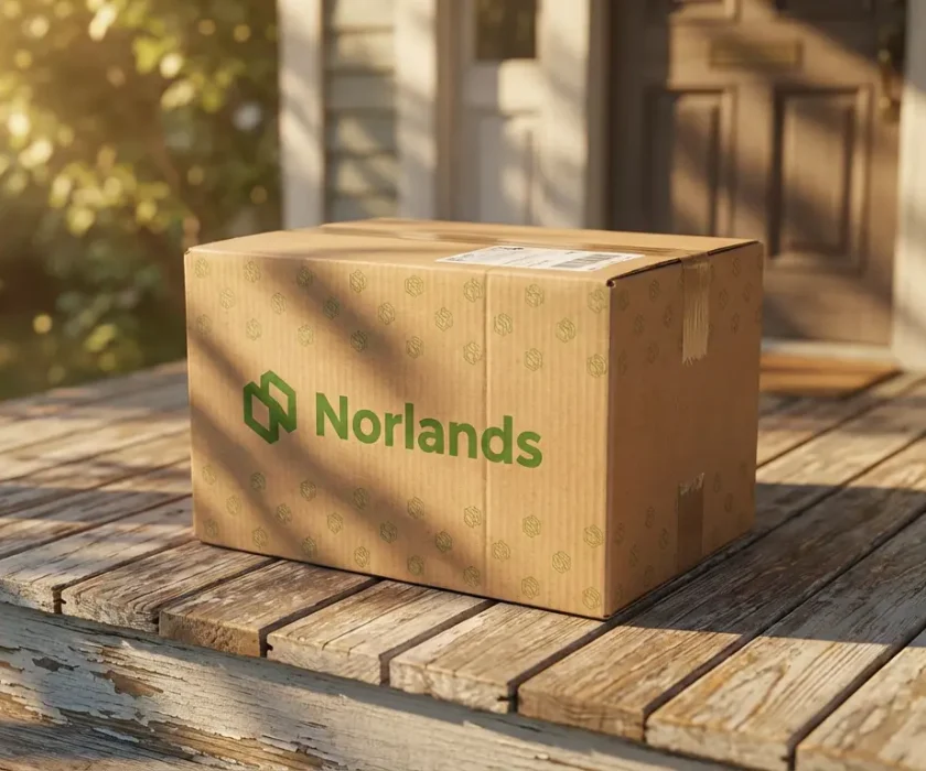 Delivered corrugated package on doorstep representing packaging design logistics efficiency BC in last mile delivery and secure product arrival