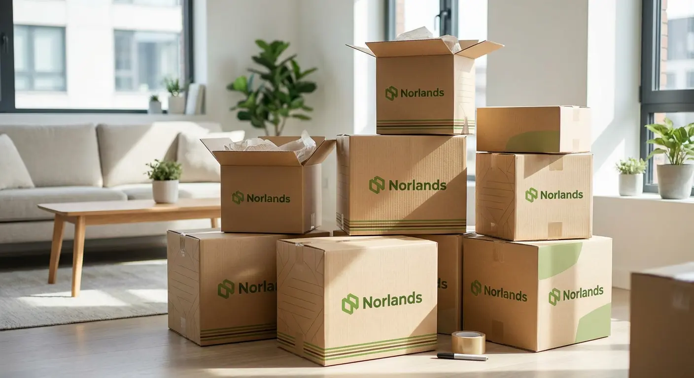 Stacked corrugated boxes in a home setting highlighting packaging standardization challenges Canada for different box sizes and residential delivery needs
