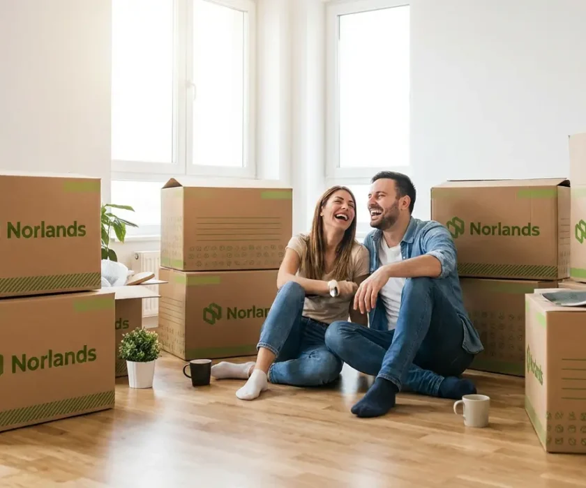 Couple surrounded by moving boxes illustrating packaging standardization challenges Canada in balancing packaging consistency with real-life usage scenarios