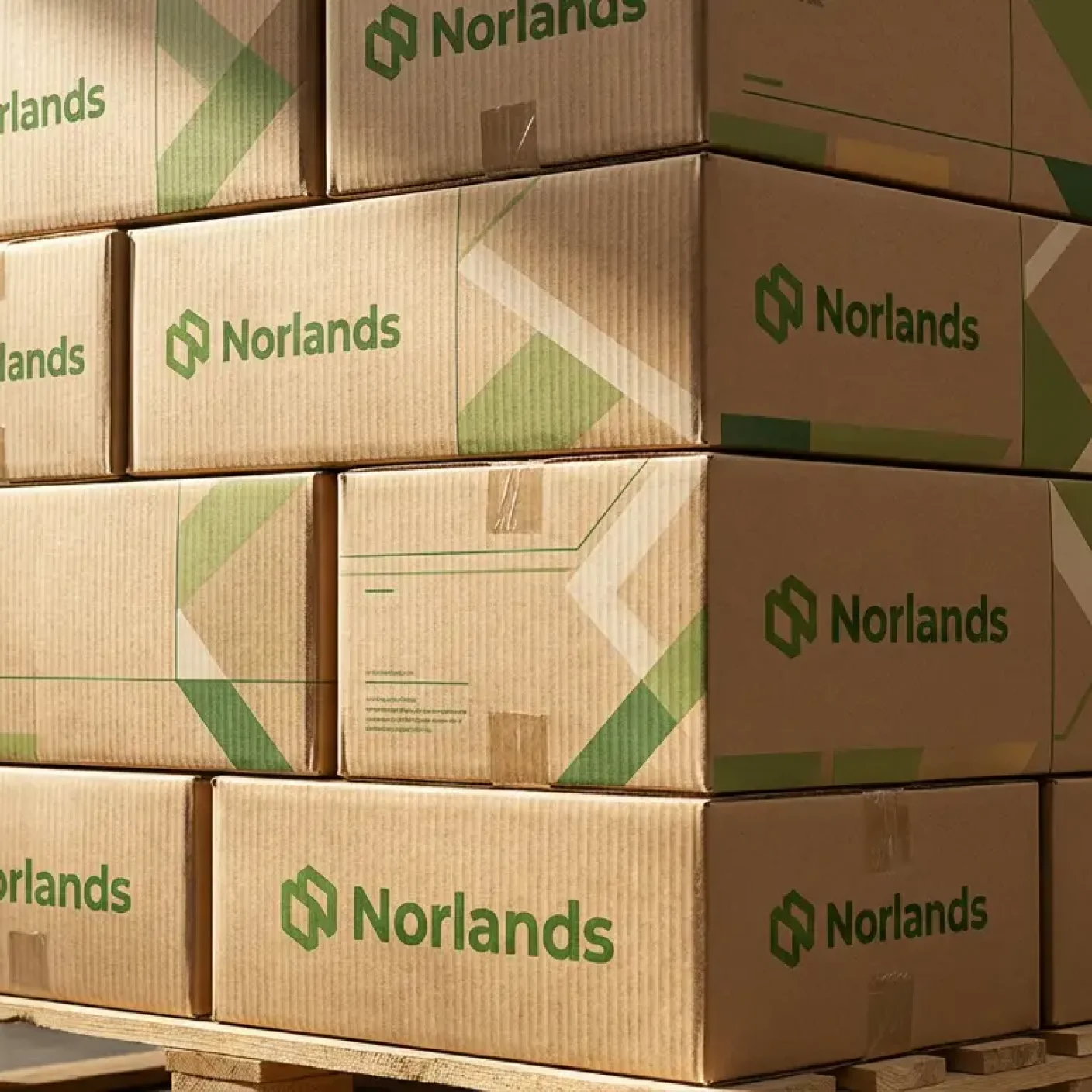Stacked branded corrugated boxes on pallets representing regional packaging manufacturing Canada storage, inventory management, and shipping readiness