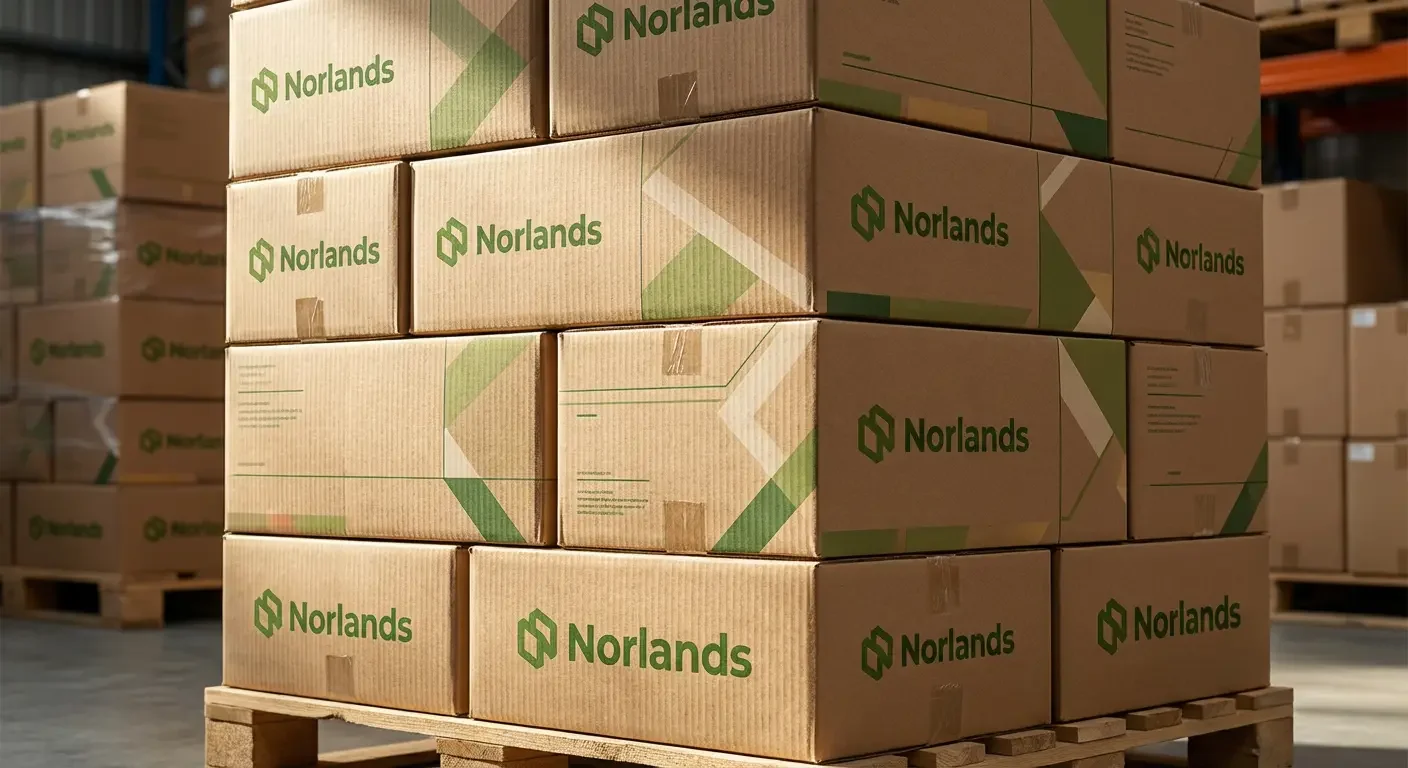 Stacked branded corrugated boxes on pallets representing regional packaging manufacturing Canada storage, inventory management, and shipping readiness