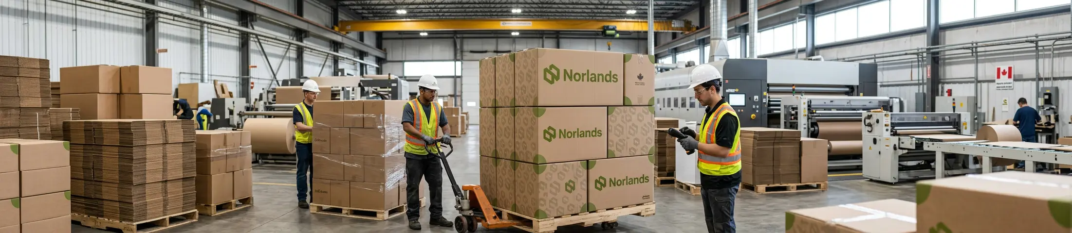 Warehouse operations with palletized boxes and machinery showing regional packaging manufacturing Canada logistics and large-scale packaging distribution