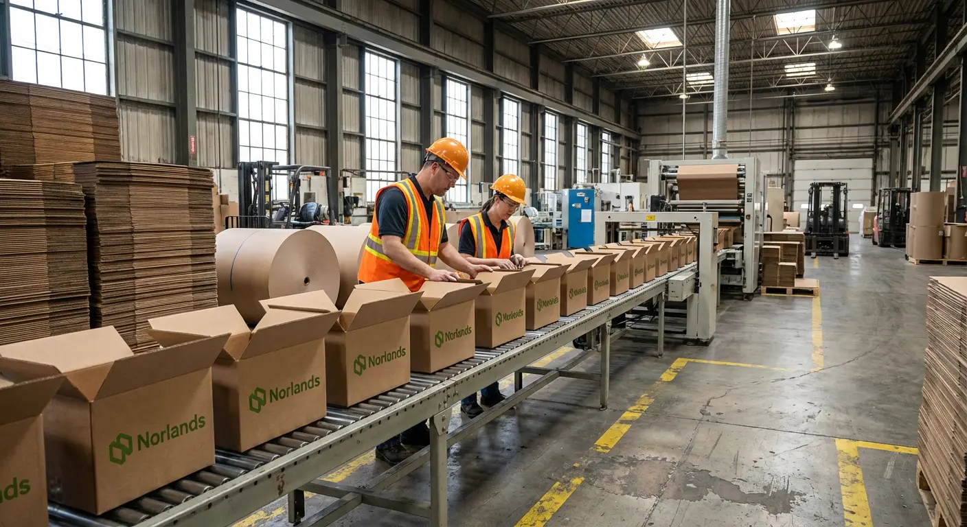 Workers assembling corrugated boxes on a production line in a facility demonstrating regional packaging manufacturing Canada operations and scalable box production