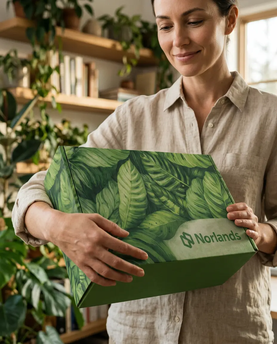 Customer holding eco-friendly packaging box highlighting packaging waste reduction strategies Canada and sustainable consumer experience