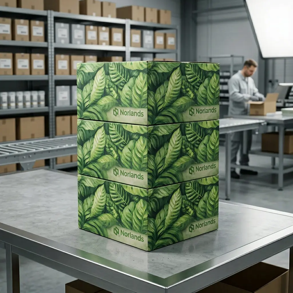 Stacked eco-friendly packaging boxes in facility illustrating packaging waste reduction strategies Canada through efficient material use