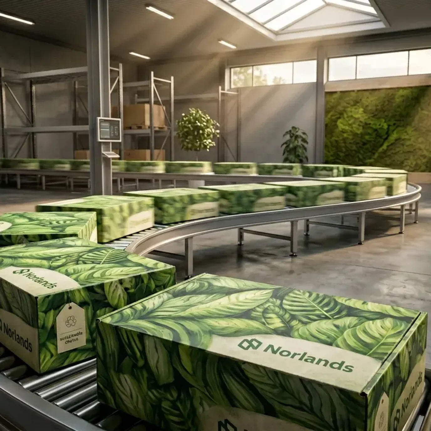 Automated packaging line with sustainable boxes representing packaging waste reduction strategies Canada in modern production systems