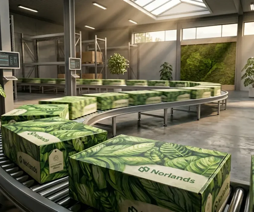 Automated packaging line with sustainable boxes representing packaging waste reduction strategies Canada in modern production systems