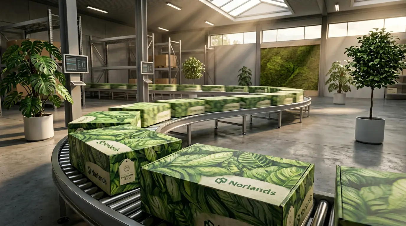 Automated packaging line with sustainable boxes representing packaging waste reduction strategies Canada in modern production systems