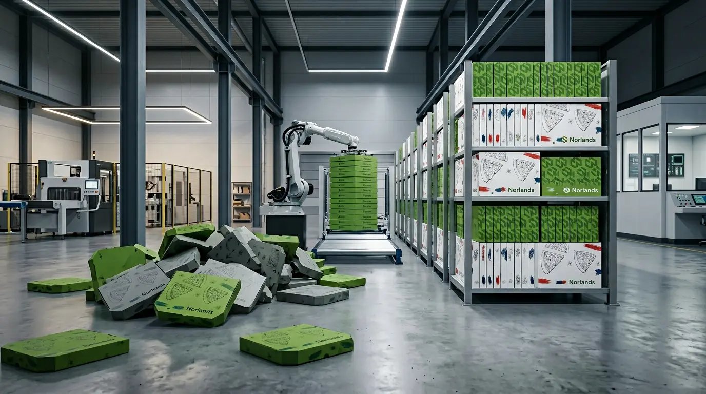 Packaging production line with scattered boxes showing operational disruption caused by packaging supplier dependence risks