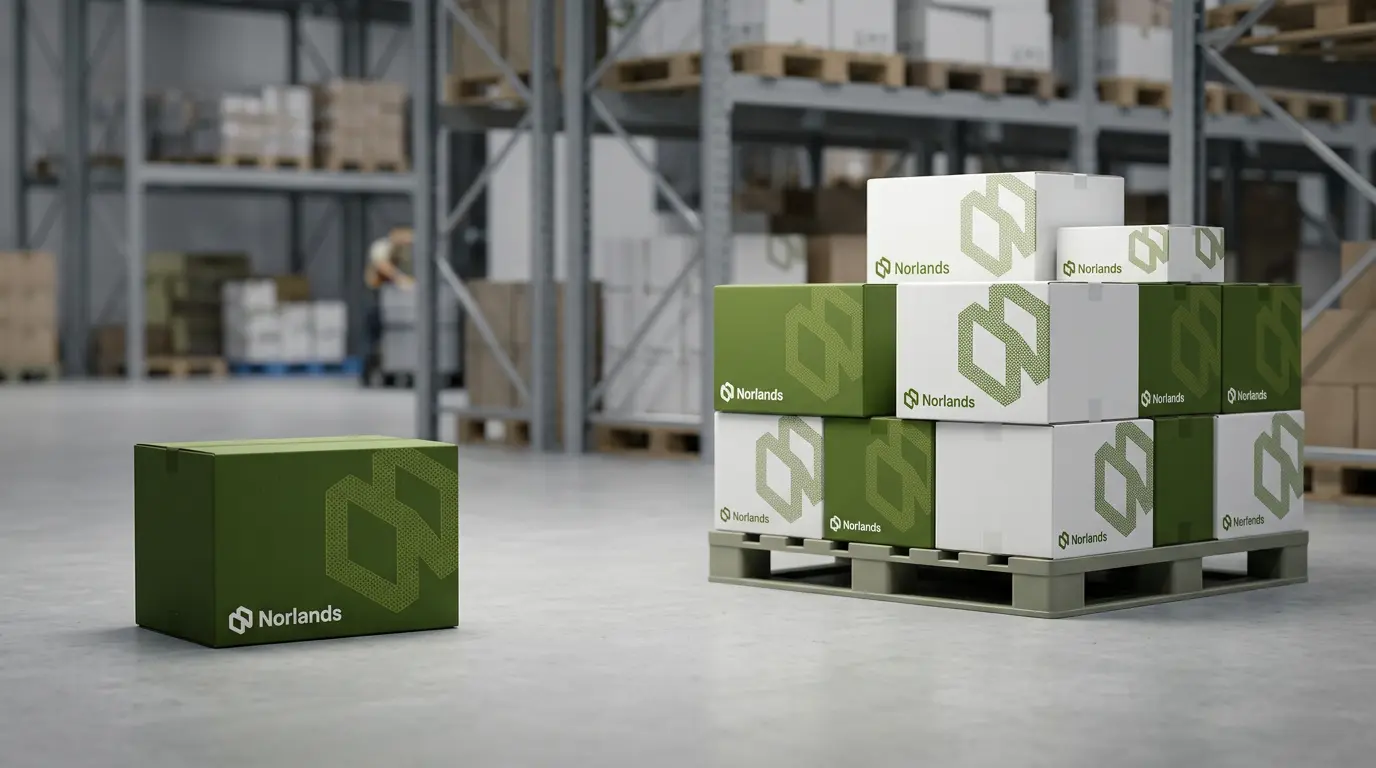 Stacked standardized packaging boxes on pallet demonstrating packaging supplier dependence risks when supply sources are not diversified