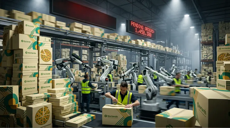 Busy packaging facility with high order volume showing packaging cost optimization risks under production pressure and demand spikes