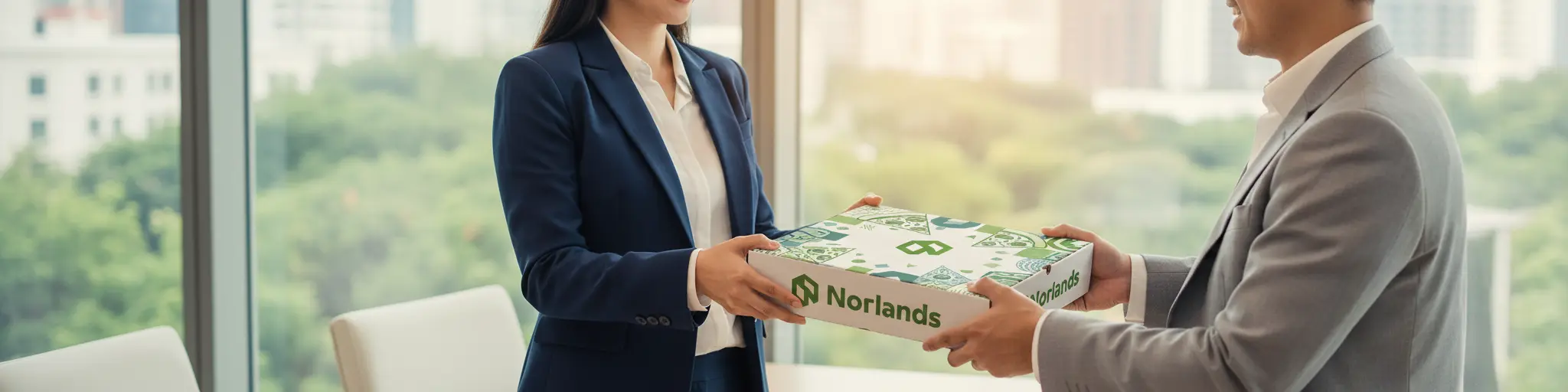 Business professionals exchanging packaged product demonstrating packaging compliance requirements Canada across supply chain communication