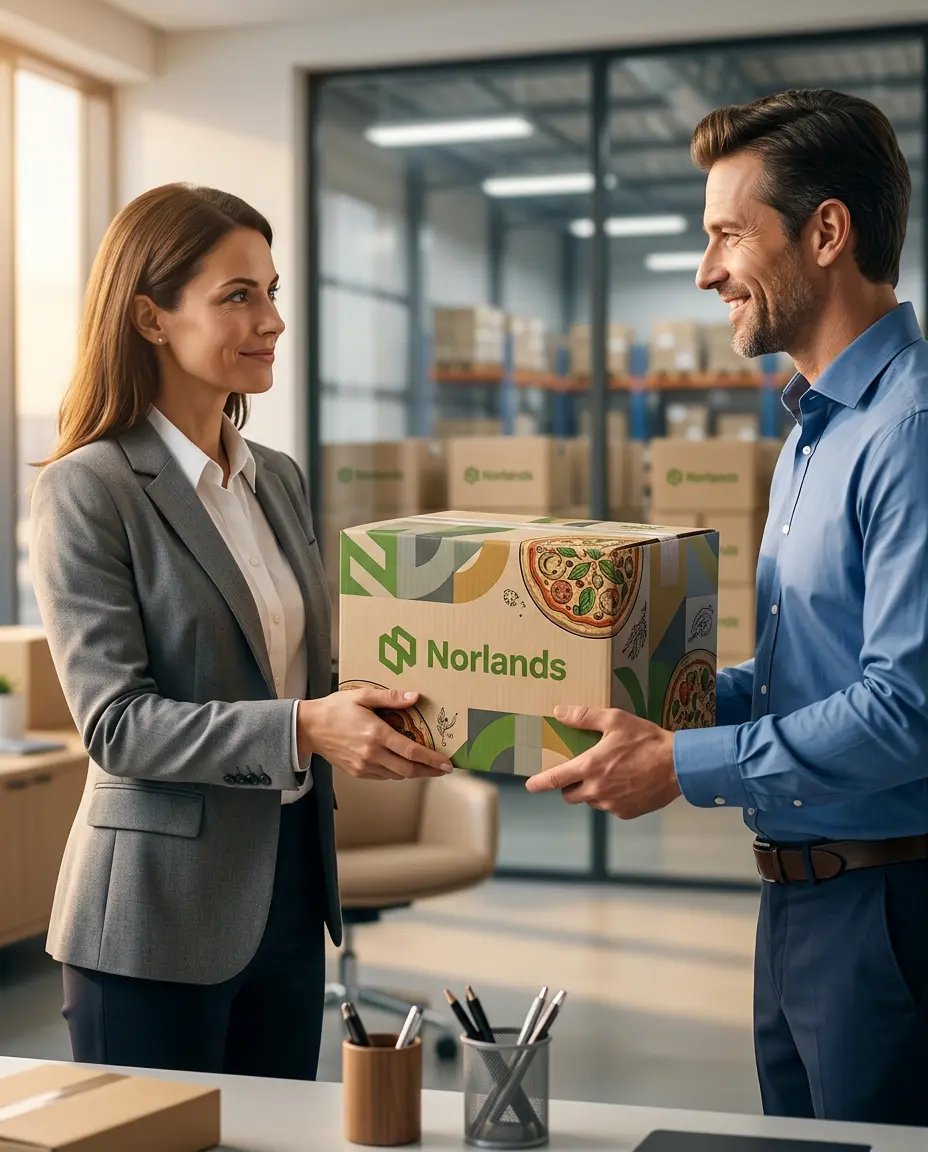 Professional handoff of packaged product reflecting packaging compliance requirements Canada in branding and product presentation standards