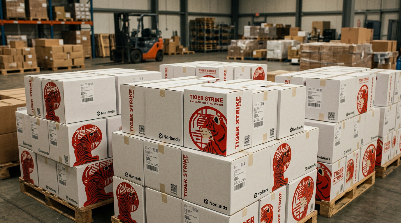 Bulk packaged boxes on pallets in warehouse demonstrating protective packaging engineering Canada for secure transport