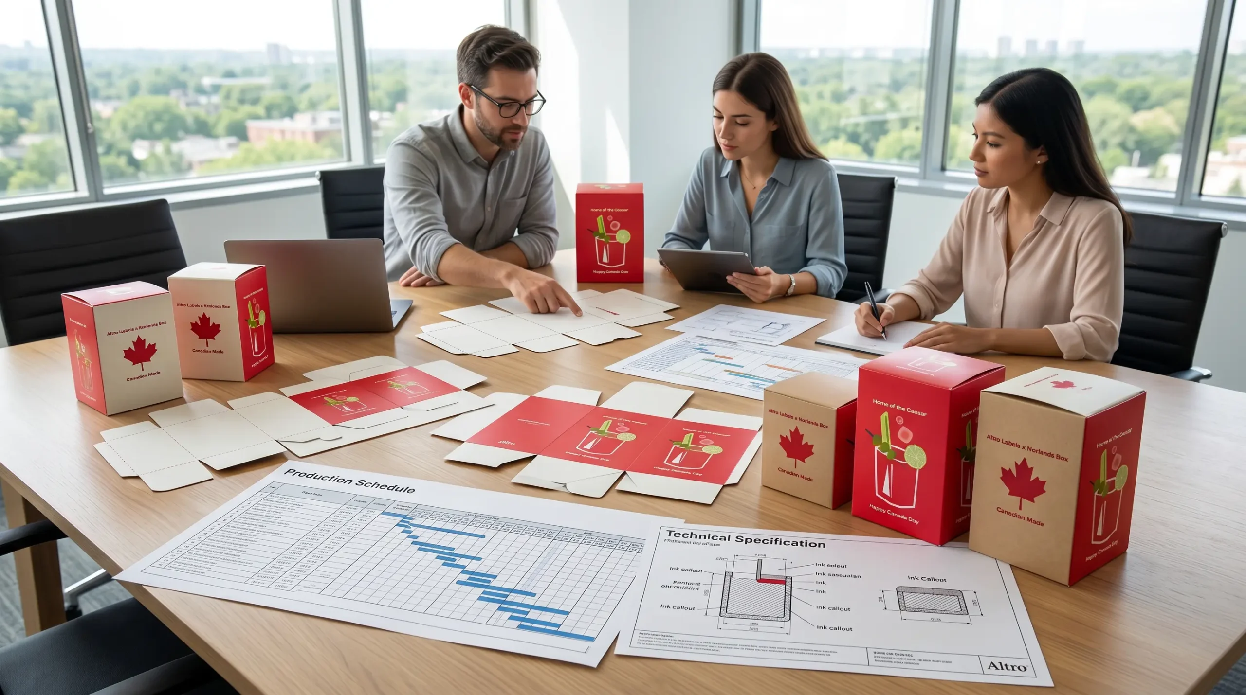 Industrial packaging planning meeting for packaging design, production scheduling, and manufacturing optimization