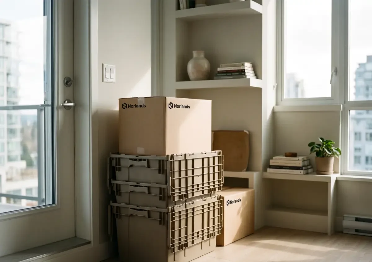 Reusable Moving Boxes In Vancouver stacked with cardboard boxes inside apartment
