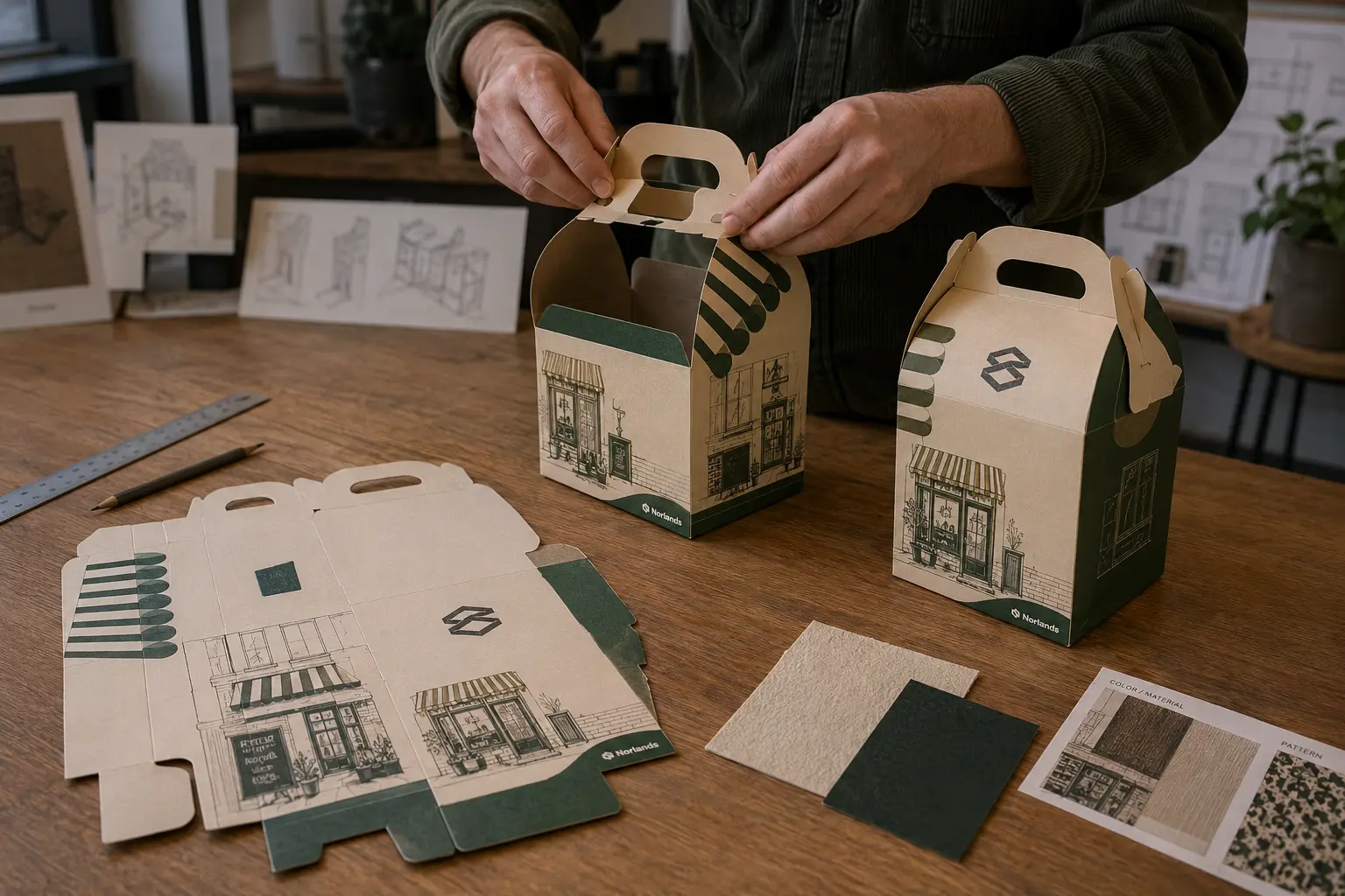 Minimalist custom packaging design showcased in a premium studio environment with sustainable kraft packaging