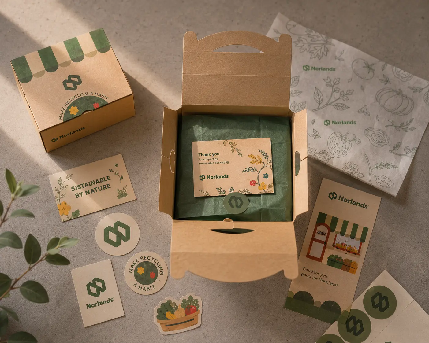 Sustainable packaging design kit including custom box, inserts, tissue paper, stickers, and branded print materials