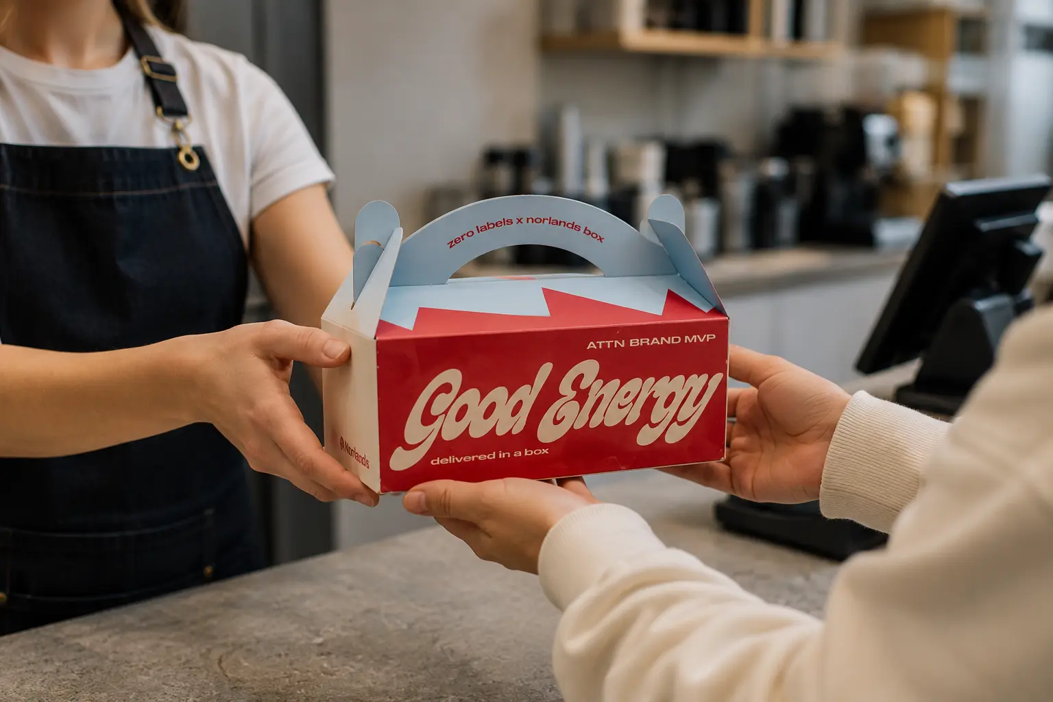 Reusable handled storage box displayed in a modern café, demonstrating versatile packaging and storage applications