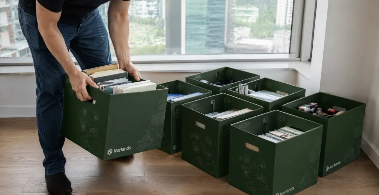 Professional mover packing fragile household items into durable corrugated moving boxes using protective packing materials