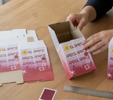 Packaging engineer assembling custom printed corrugated box prototypes from flat dielines during product development(BC Box House)
