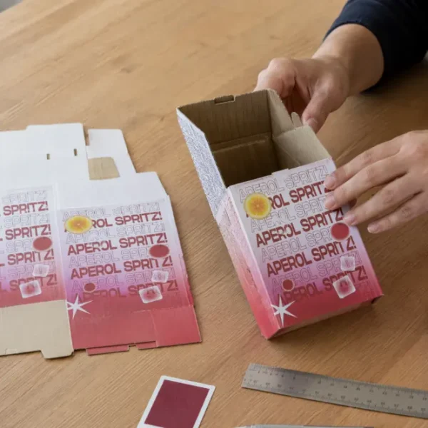 Packaging engineer assembling custom printed corrugated box prototypes from flat dielines during product development(BC Box House)