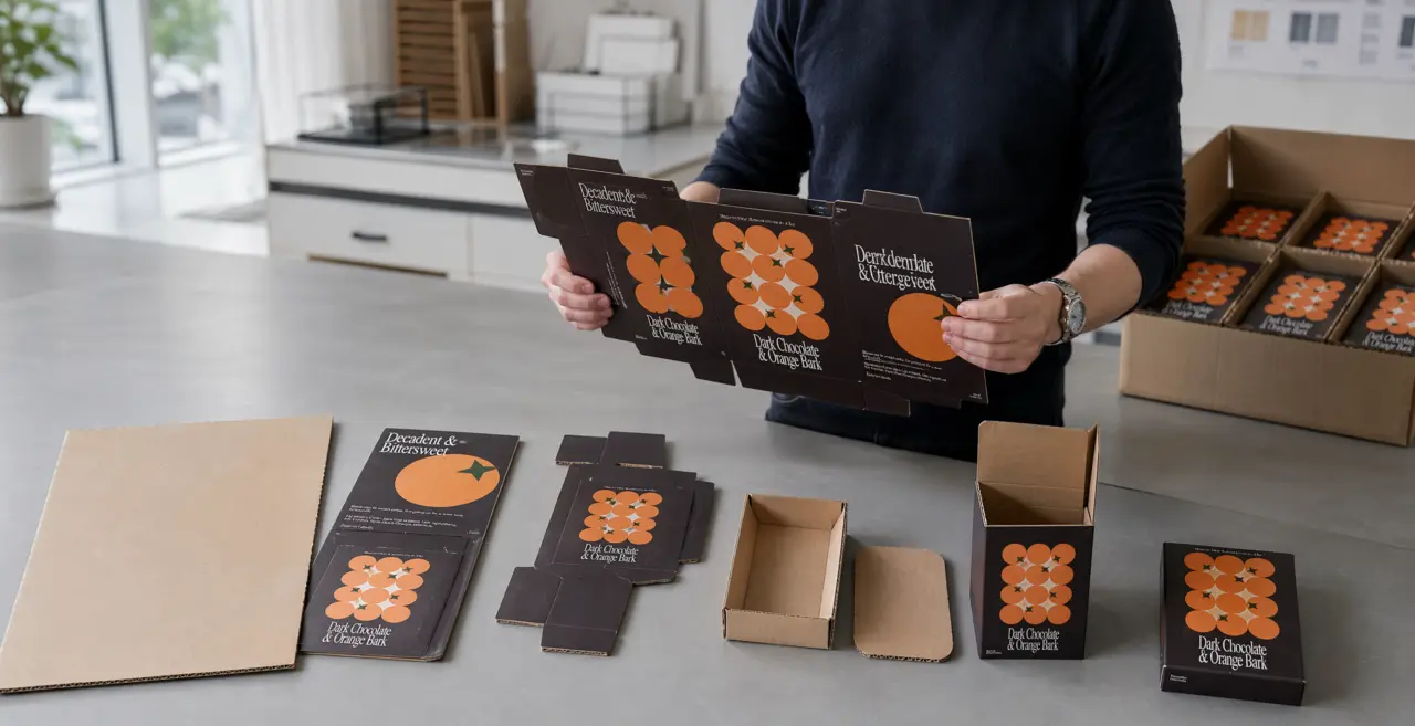 Packaging engineer evaluating custom corrugated cardboard sheet prototypes before production