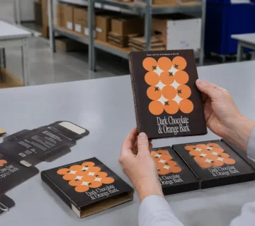 Packaging designer reviewing a custom corrugated cardboard carton prototype made from corrugated cardboard sheets in Canada