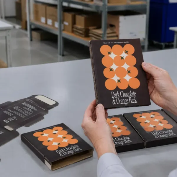 Packaging designer reviewing a custom corrugated cardboard carton prototype made from corrugated cardboard sheets in Canada
