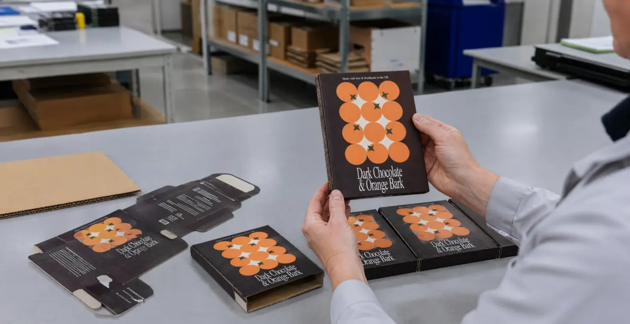 Packaging designer reviewing a custom corrugated cardboard carton prototype made from corrugated cardboard sheets in Canada