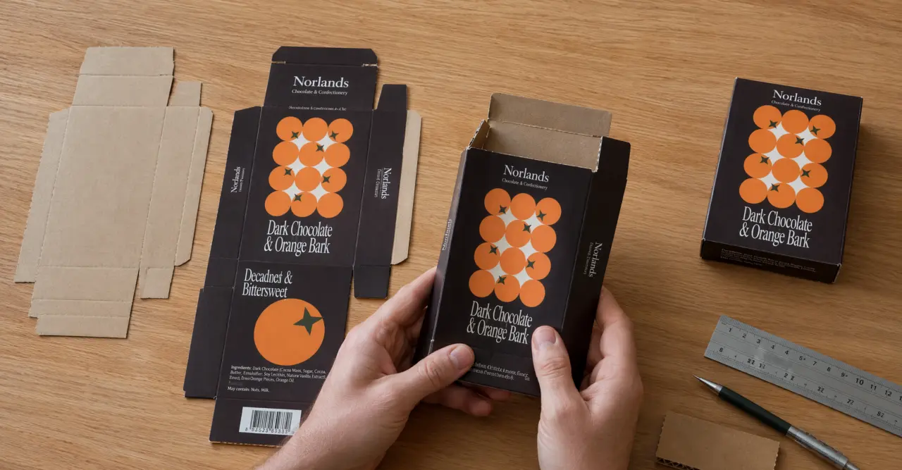Flat corrugated cardboard sheet converted into a custom printed folding carton during prototype assembly