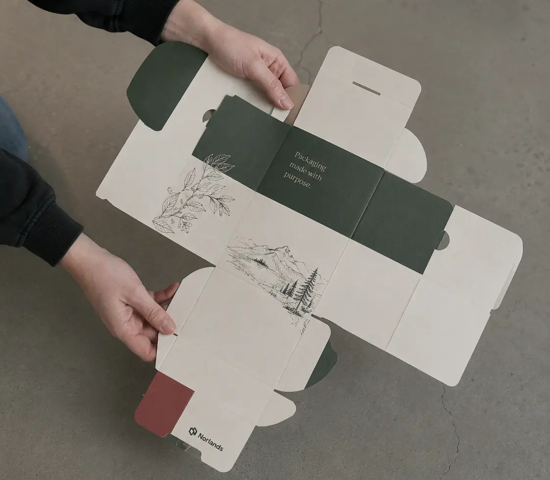 Custom made boxes Canada packaging dieline with printed graphics and structural folds