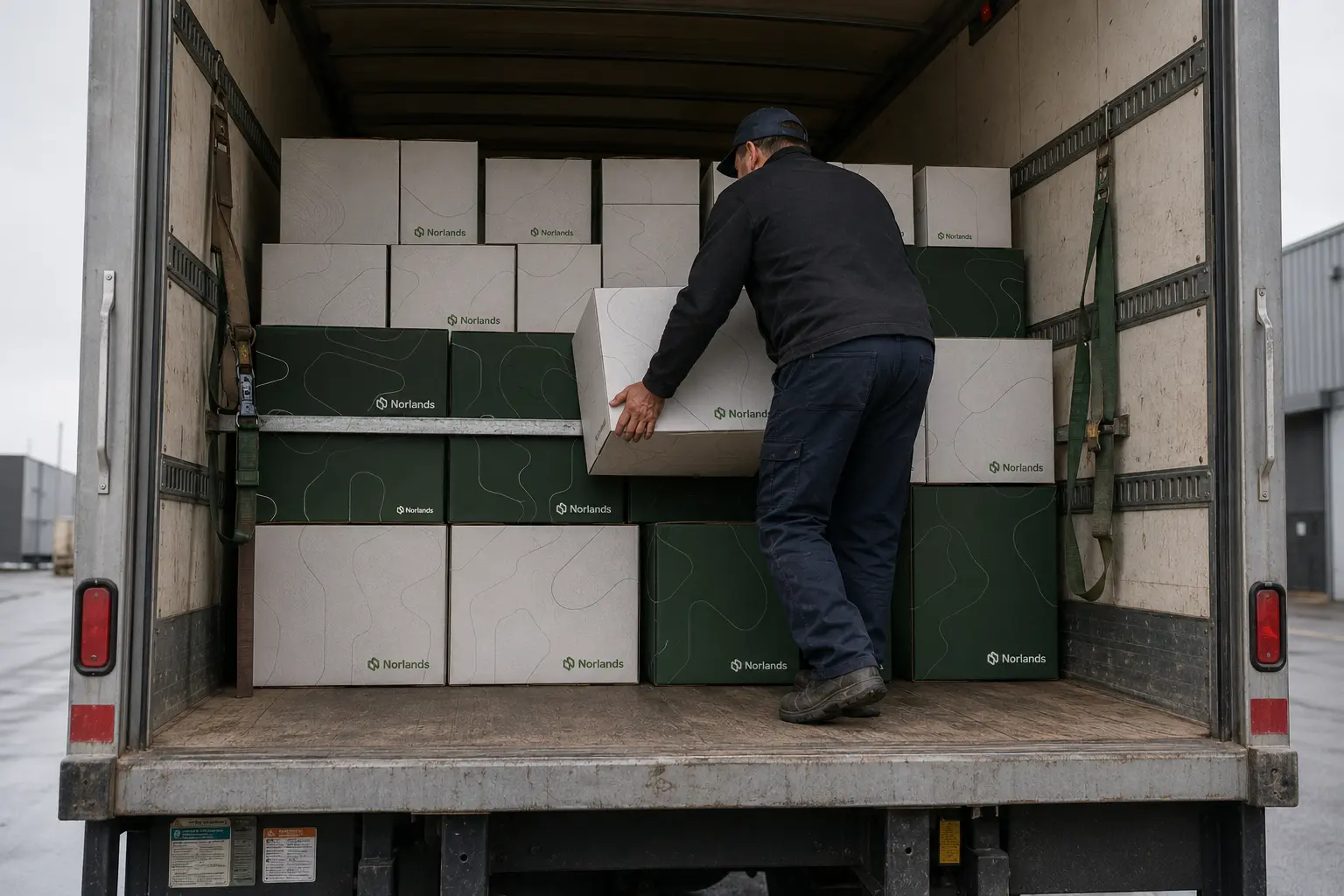 Branded shipping boxes within Canada being loaded into a delivery truck