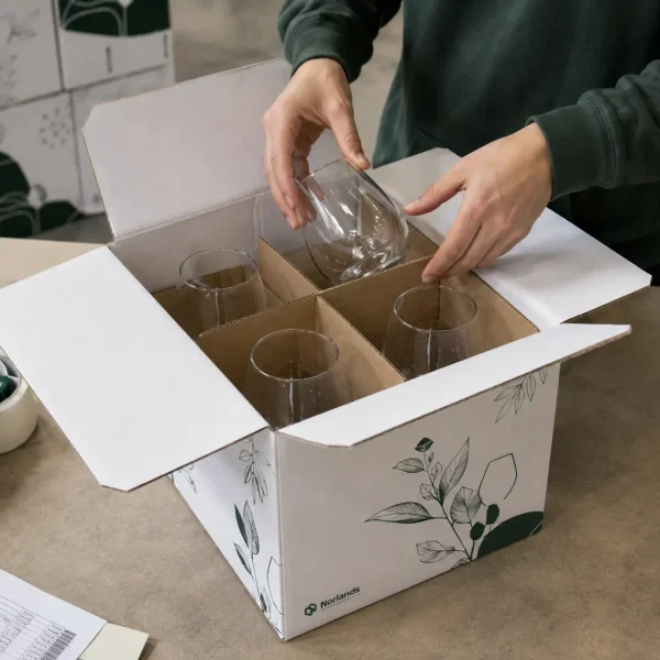 Shipping boxes within Canada with custom corrugated dividers protecting fragile glassware