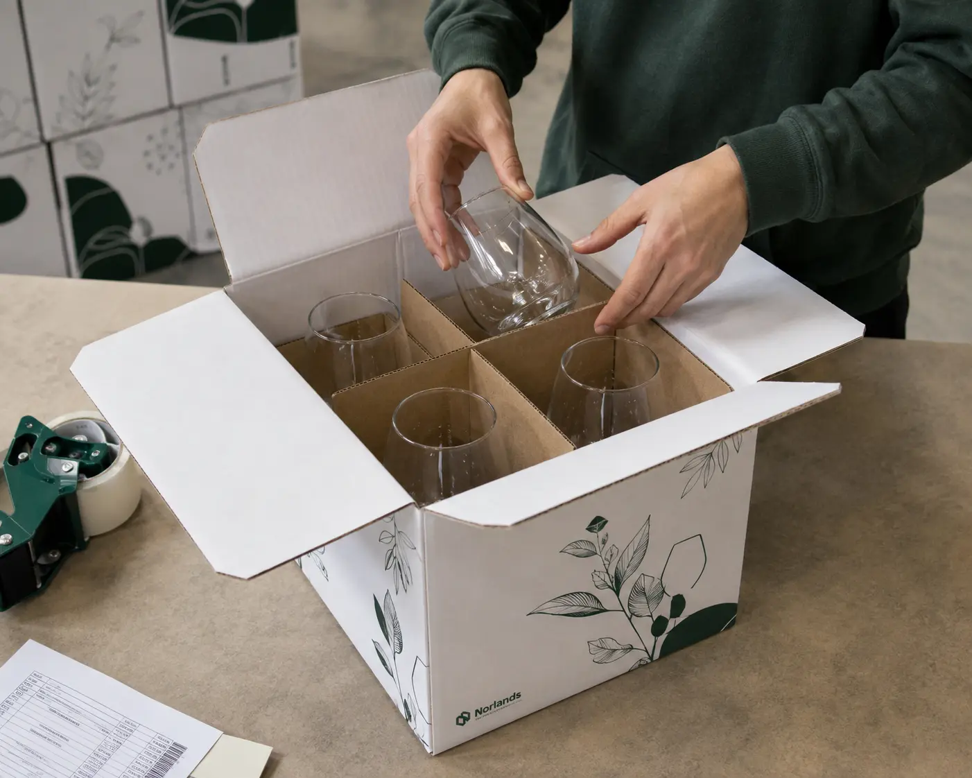 Shipping boxes within Canada with custom corrugated dividers protecting fragile glassware
