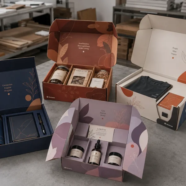 Custom Gift Boxes Vancouver with fitted compartments for a premium multi product gift set