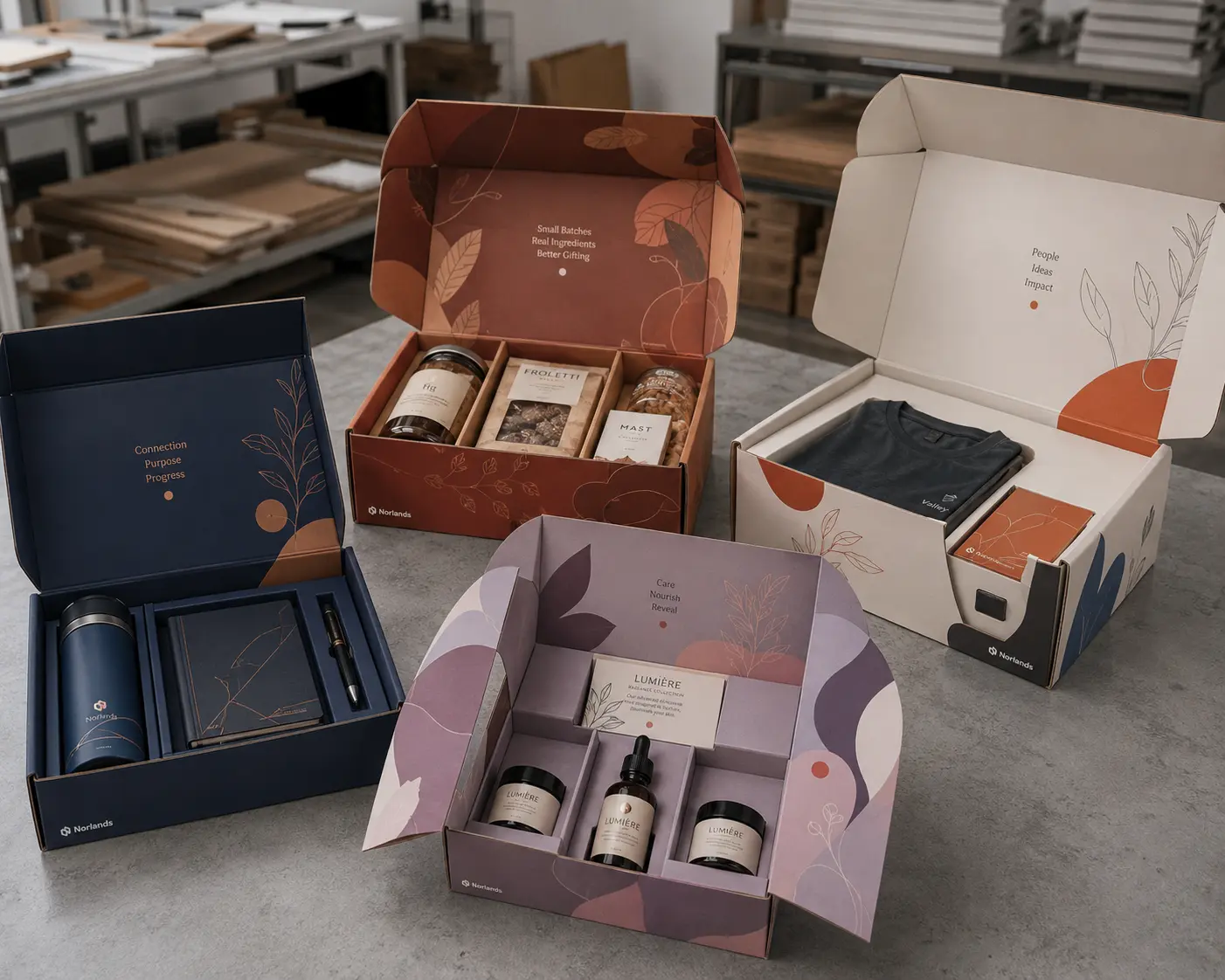 Custom Gift Boxes Vancouver with fitted compartments for a premium multi product gift set